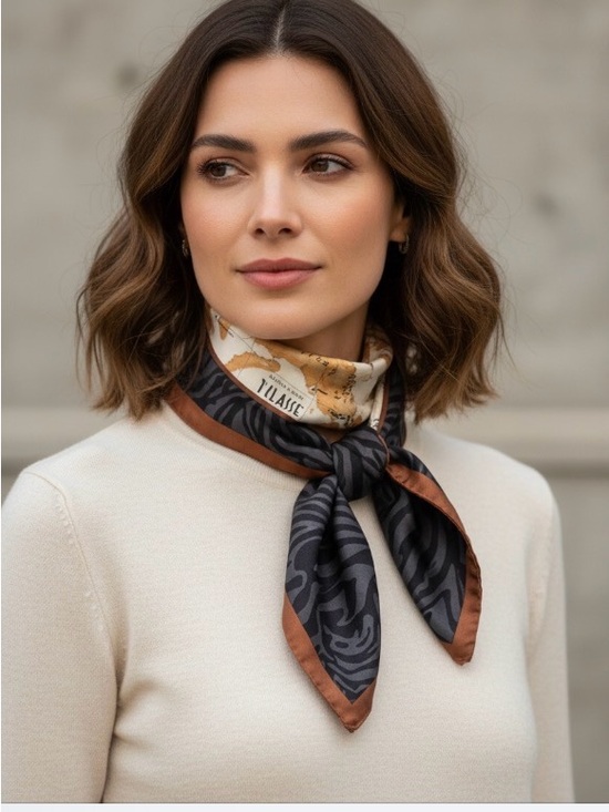 Alviero Martini Accessories - Alviero Martini La Classé Map Print Silk Scarf in Brown and Black